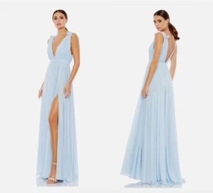 MAC DUGGAL 55321 PLEATED CHIFFON SLEEVELESS V-NECK POWDER BLUE GOWN sz 6 - Picture 1 of 6