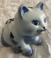 DELFT Cat Piggy Bank Hand Painted Porcelain Blue White MINT #207