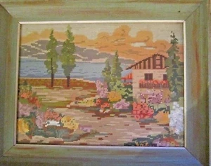 Vintage Framed Needlepoint Cottage Trees Lake Flowers 16 x 21 Bright Colors! - Picture 1 of 12