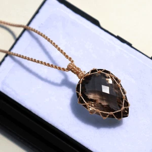Handmade Natural Faceted Smokey Quartz Micro Macrame Teardrop Gemstone Necklace - Imagen 1 de 9