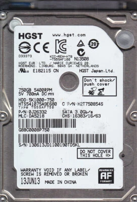 GENUINE HGST HTS541075A9E680 p/n: 0J26332 mlc: DA5218 JUN/ 2013 750GB SATA 2.5" - Image 1 of 4