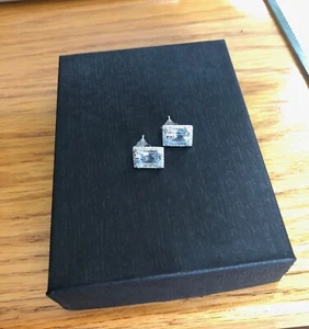 NEW! $700 QCD 14K White GOLD Aquamarine Emerald Cut Earrings w/ .21 ctw DIAMONDS - Picture 1 of 3