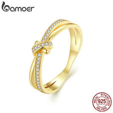 BAMOER 925 Sterling Silver Simple Gold Knot Zircon Wedding Ring Women Gift Party