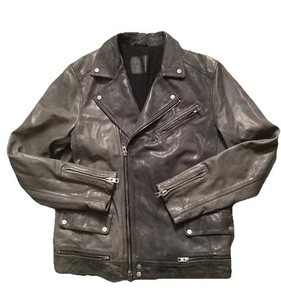 All Saints Mens Large Slim Size Grey Mix AKIRA Leather Biker Jacket Moto Bomber - Picture 1 of 12