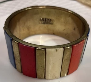 VTG 1980s MNG by M&CO Enamel Striped Bangle Bracelet Gold Tone Rainbow Colors - Picture 1 of 13