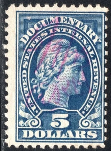 US Stamp Scott #R220, $5, Liberty, Blue, Hand Cancel, Used, SCV$4.50 - Picture 1 of 1