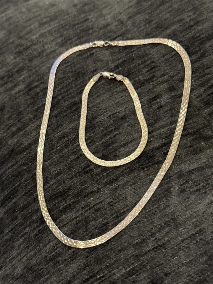 "Juego de collar y pulsera vintage ~ plata de ley ~ hueso de arenque ~ 0,925 ~ 18"" y 7""" Foto 1 de 3