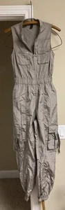 Forever 21 Nylon Windbreaker Sleeveless Cargo Sleeveless Tan Gray Jumpsuit Small - Picture 1 of 7