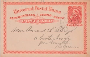 Newfoundland to Belgium ST JOHNS 2c Queen Victoria Widow Weeds UPU PC 1896 - Picture 1 of 1