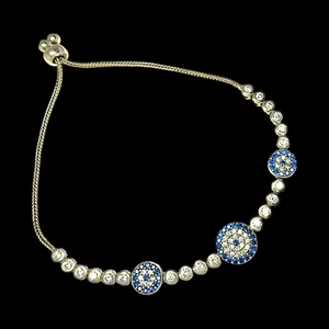 925 Sterling Silver Evil Eye Bracelet Blue White CZ Adjustable Bolo Chain - Picture 1 of 1