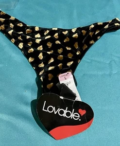 Vintage VTG Lovable High Cut Panties Velvet Black Gold Hearts Thong L NWOT - Picture 1 of 2