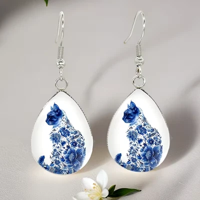 Pendientes colgantes bohemios de porcelana azul blanco gato y lágrima floral regalo de moda Foto 1 de 4