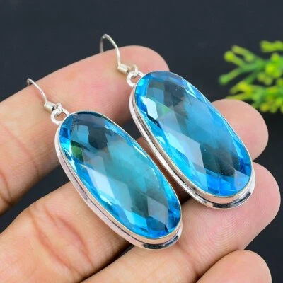 Blue Topaz Gemstone 925 Sterling Silver Gift Jewelry Earring 2.25" s571 - Image 1 of 3