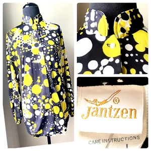 Jantzen Polka Dot Vtg Blouse Yellow Black Mandarin Collar USA Retro 60s 70s - Picture 1 of 15