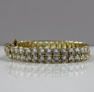 Yellow Gold Finish 5mm Created Diamond Round Cut Double Row Tennis Bracelet  - Picture 1 of 9