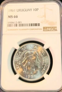 1961 URUGUAY SILVER 10 PESOS REVOLUTION ANNIVERSARY NGC MS 66 BLAZING TOP POP - Picture 1 of 5