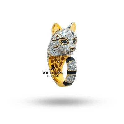 Gatto Zircone Cubico Ghiacciato Animali 925 Argento Placcato Oro Regalo Festa - Immagine 1 di 4