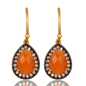 Peach Moonstone 925 Silver Gold Plated Gemstone Earrings Gemstone Jewelry - Picture 1 of 3
