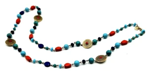 Chaps Beaded Multicolor Fashion Necklace Gold Toned Discs Long 32 inch length - Picture 1 of 5