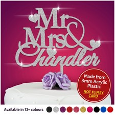 Personalised Wedding Mr & Mrs Heart Cake Topper Keepsake in Safe GLITTER Acrylic