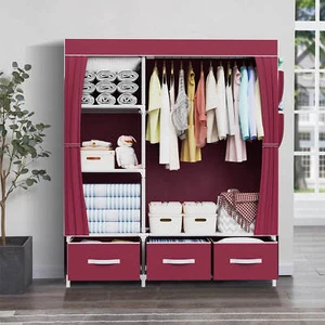 Large Canvas Wardrobe Closet Cabinet W/ Hanging Rail + 3 Storage Drawer Cupboard - Picture 1 of 14