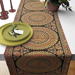 Indian Home Decor Black Mandala Print Silk Dining Table Runner 16X72 Inch - Picture 1 of 4