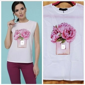 WHITE SUMMER FASHION WOMEN TOP WITH FLOWERS IN BOTTLE - Picture 1 of 4