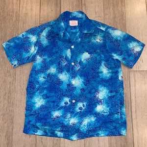 Vtg 60s 70s Haleaka Fashions Shirt Mens Hawaiian Rayon Blend Blue Surf Medium - Picture 1 of 9