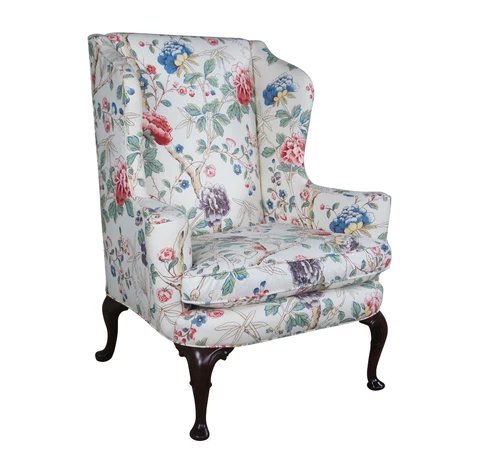 Vintage Biggs Queen Anne Crewel Style Mahogany Wingback Arm Chair Down Seat Cover