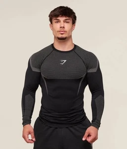 XL Gymshark Onyx 5.0 Seamless Long Sleeve T-Shirt Black Light Grey Presale - Picture 1 of 2