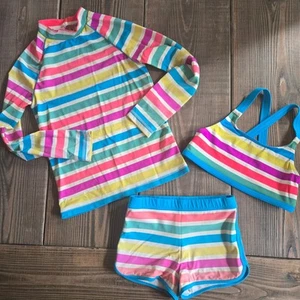 Boden Girls Rash Guard Swimsuit 8/9 Multicolor Striped 3 Pc Shorts Bikini UPF 40 - Picture 1 of 8