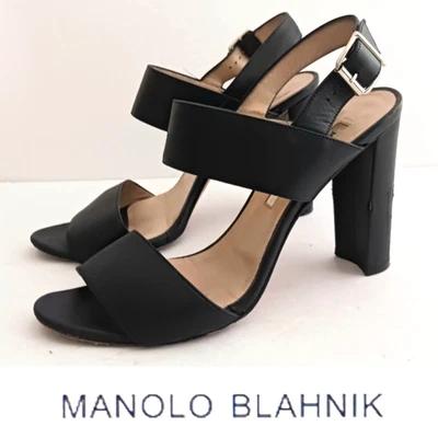 Sandália Manolo Blahnik Khan couro de bezerro preto salto estilingue UE 37,5 EUA 7,5 - Imagem 1 de 4
