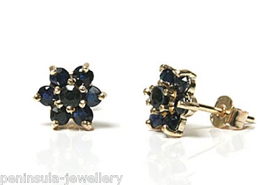 9ct Gold Sapphire studs cluster Earrings Gift Boxed Made in UK Birthday Gift - Image 1 of 4