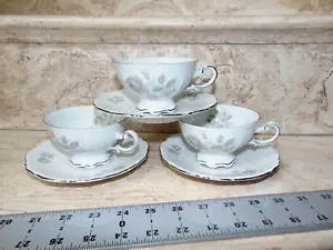 Mitterteich Bavaria Germany- Set of 3 Mystic Rose Teacups & Saucers Silver Trim - Picture 1 of 11