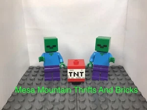 Lego Minecraft Zombie Minifigure X2 Zombie Figures min010 & Dynamite TNT Brick - Picture 1 of 4