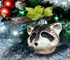 Blown Glass Raccoon Head Christmas Tree Ornament Woodland Leaves Twigs Glitter - Picture 1 of 6