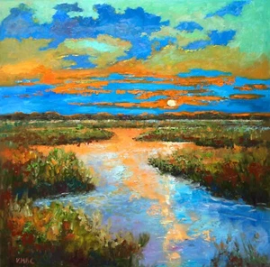 Sunset Original Oil Painting signed Impressionist Landscape Large Canvas artwork - Picture 1 of 8