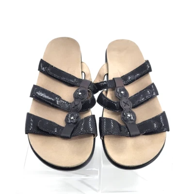 SAS Naples Slide Sandal Wms 6.5M Black Leather Snakeskin Embossed 3 Strap Tripad - Image 1 of 4