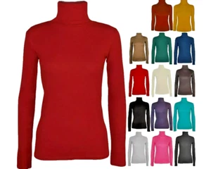Polo Neck T-Shirt Ladies Long Sleeve Stretchy Plain Basic Casual High Neck Top - Picture 1 of 51