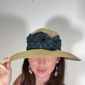 Bermona Trend London Woven Straw Hat Vintage Blue Polkadot Bow Sun - Picture 1 of 14