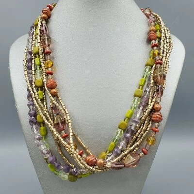 Collar Torsade Cuentas Mezcladas Verde Salvia, Púrpura y Naranja 16" Foto 1 de 4