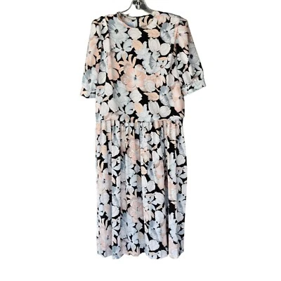 Women's Vintage 80's Leslie Fay Pastel Floral  Black Silky Dress 12 - Image 1 of 4