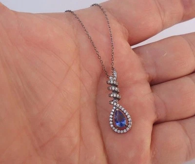  COLLAR COLGANTE VINTAGE PLATA ESTERLINA 925 3ct TANZANITA Y DIAMANTE SIMULADO Foto 1 de 4
