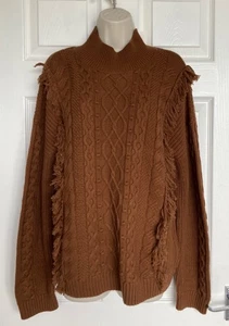 NEW M&S Per Una Ladies Rich Amber Cotton Cable Knit Fringe Jumper Size M - Picture 1 of 2