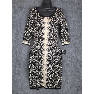 Liz Claiborne Dress Womens Medium Black Beige Floral Knit Career Sheath Office - Picture 1 of 11