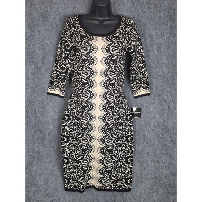 Liz Claiborne Dress Womens Medium Black Beige Floral Knit Career Sheath Office - Image 1 of 4