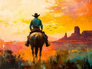 Western Art Cowboy Encaustic Sunset Landscape Home Decor Wall Art Print Painting - Picture 1 of 10