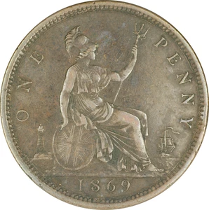 1869 High Grade UK One Penny Copper Coin TOUGH DATE CHOICE XF - Picture 1 of 4
