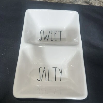 Rae Dunn SWEET SALTY Double Dish Serving Piece Ceramic Snack Dish RARE - Image 1 of 3