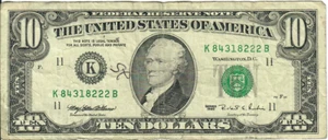 1995 10$ FRN - Small portrait w/ security thread - MEW/RER K84318222B - #15233 - Picture 1 of 2